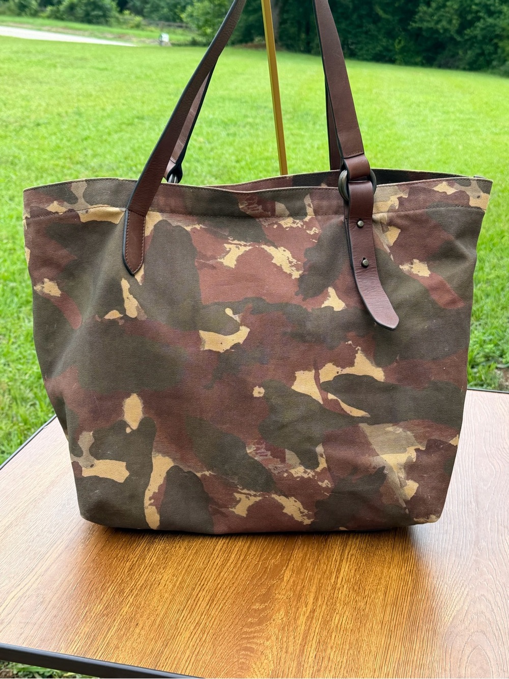 Frye Camo Canvas Leather Tote Bag Large Shoulder Shopper Brown Green - Picture 4 of 16